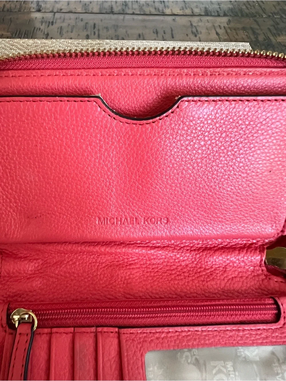 Michael Kors Fulton Pinkish Red Zip Around Leather Phone Case Wristlet Wallet